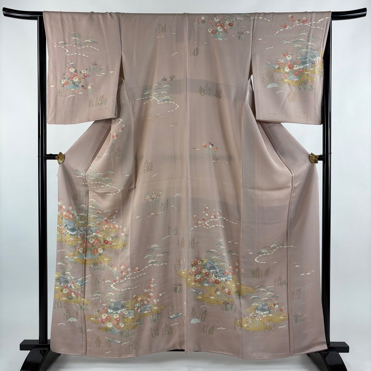 訪問着 身丈160.5 cm 裄丈66 M 袷 家屋 菊 金糸 金彩 薄ピンク 正絹 秀品 一つ紋
