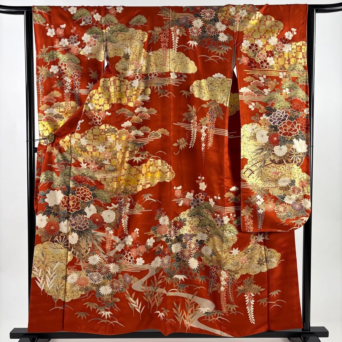振袖 身丈156.5 cm 裄丈63 S 袷 花車 雲文 金糸 金彩 朱色 正絹 秀品