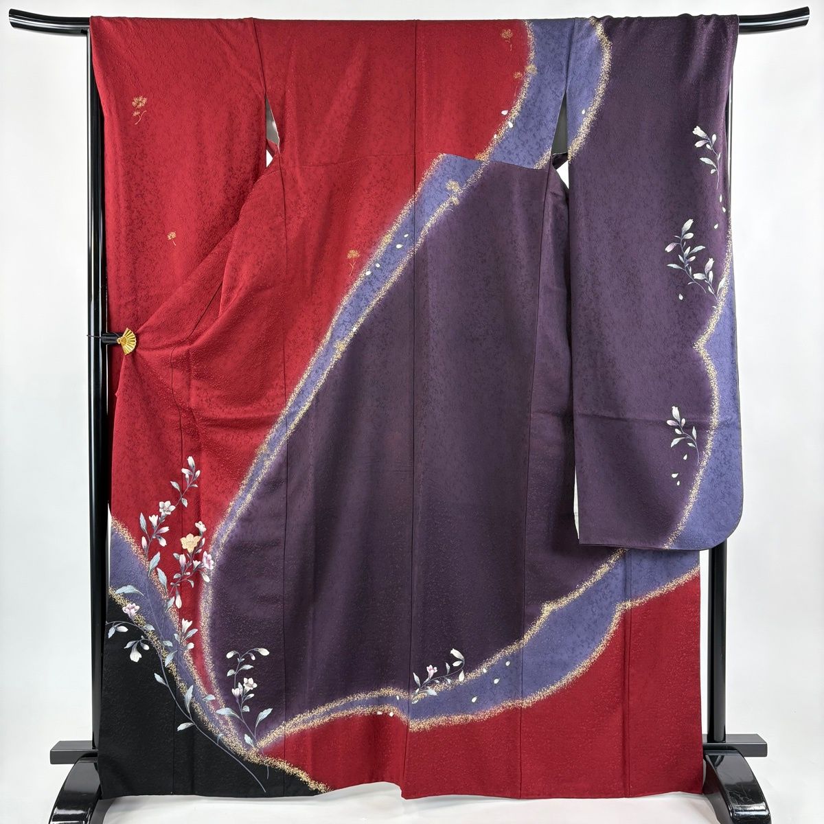 振袖 身丈166.5 cm 裄丈67.5 L 袷 やまと 草花 ラメ彩 金彩 えんじ色 正絹 秀品
