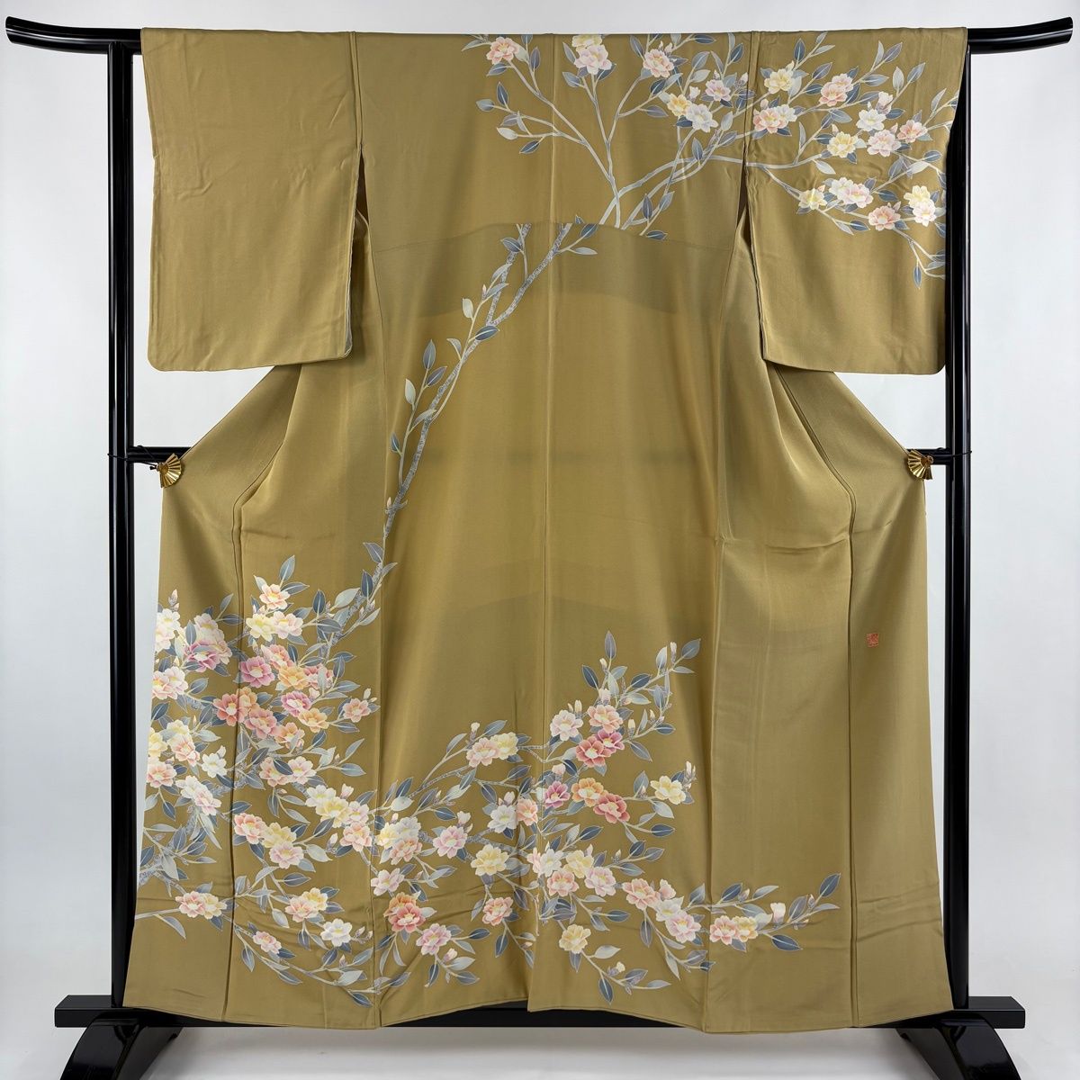 訪問着 身丈157.5 cm 裄丈63.5 S 袷 落款 枝花 ぼかし 黄土色 正絹 秀品