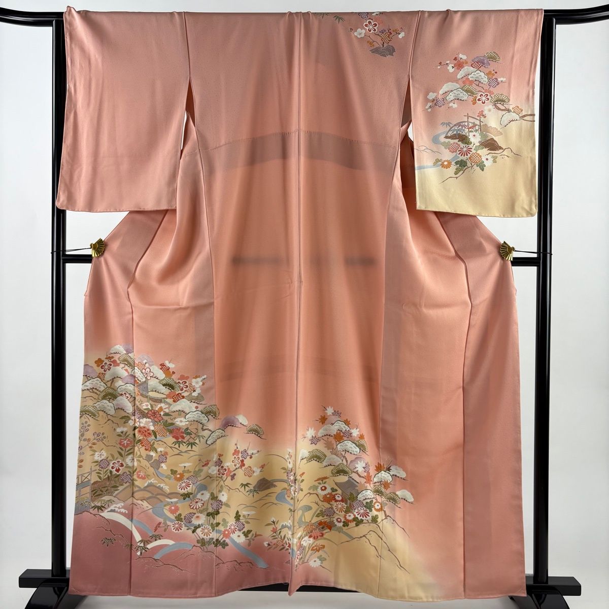訪問着 身丈160.5 cm 裄丈64.5 M 袷 松竹梅 幔幕 金彩 ぼかし サーモンピンク 正絹 秀品