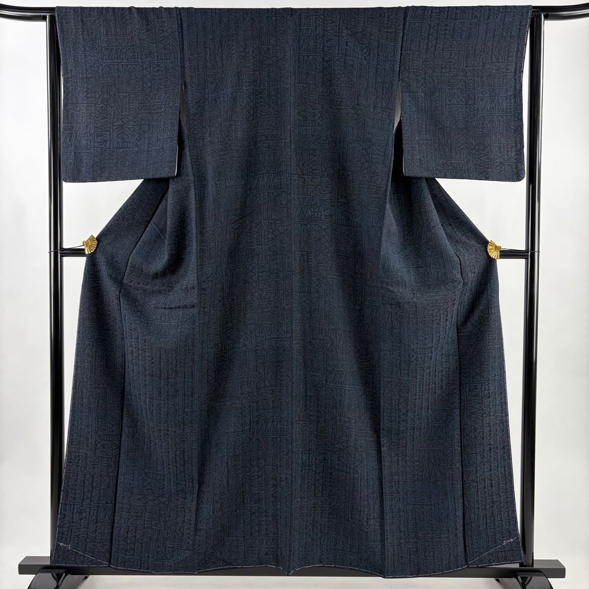 小紋 身丈159 cm 裄丈64 M 袷 草花 幾何学模様 染め分け 濃紺 正絹 秀品