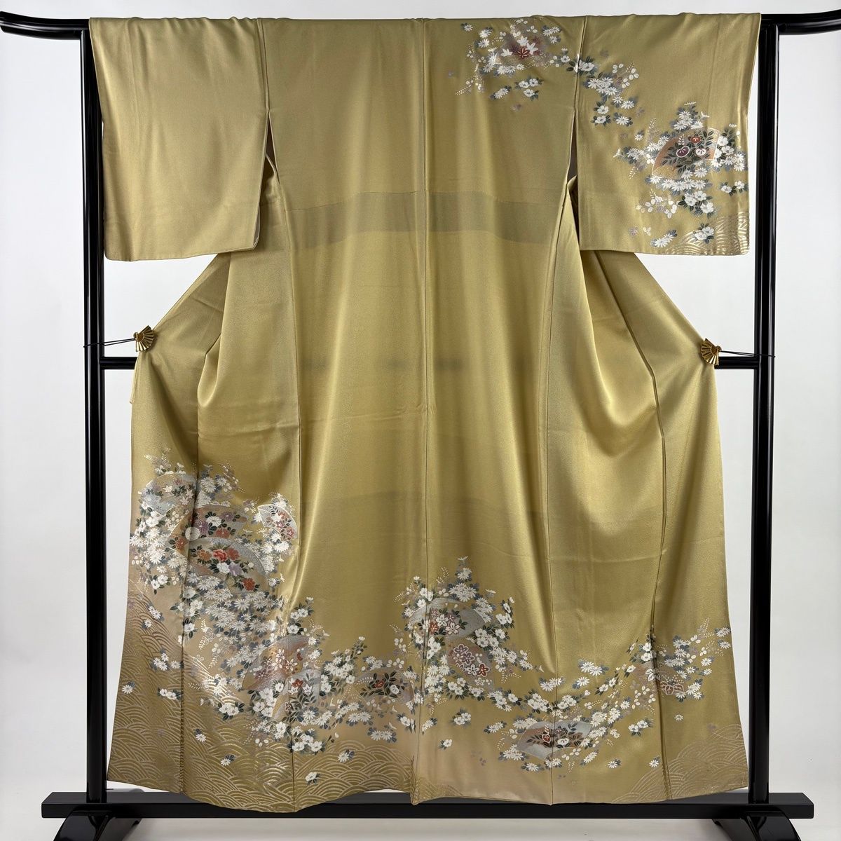 訪問着 身丈157.5 cm 裄丈64.5 M 袷 扇面 秋草 金銀彩 ぼかし 抹茶色 正絹 秀品