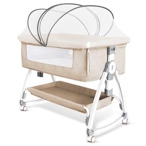 ベビーベッド 添い寝 乳児用ベッド 新生児ベッド 高さ6段調節 蚊帳 通気性 多機能 組み立て簡単 収納便利 持ち運び 洗濯 収納バスケット キャスタ付き 睡吐防止 軽量 幼児 新生児用 出産祝い プレゼント 0ヶ月 24ヶ月 ベージュ m