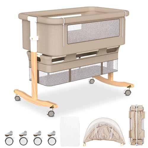 2026 5 IN 1 ベビーベッド 折りたたみ 添い寝ベッド 木製 高さ5段調節 組み立て簡単 ゆりかごに変身 スペース 収納バスケット-マット-蚊帳-固定ベルト-キャスタ付き 多機能 コンパクト移動簡単 通気性 洗濯 吐き戻し予防 出産祝 m