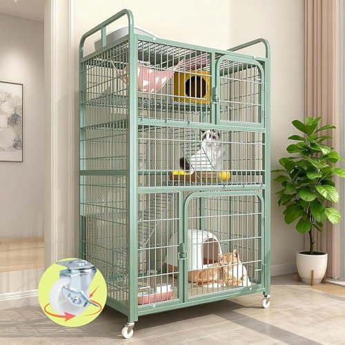 猫 ケージ 多段式 3段 キャットケージ ストッパー搭載 キャスター付き 大型 猫ハウス 組立簡単 移動便利 強くて安定している 留守番 保護 脱走防止 快適な換気 室内用 多頭飼い対応 お手入れ簡単 クッション付 日本語説明書付き グリーン 80 55 m