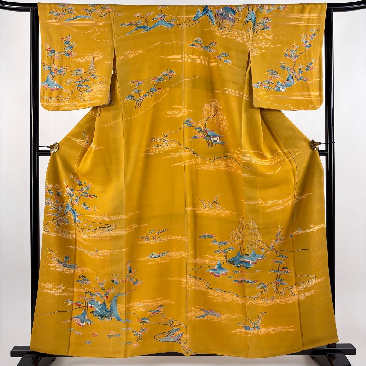 訪問着 身丈160 cm 裄丈64 M 袷 大彦 落款 建物 船 金銀糸 刺繍 山吹茶色 正絹 訪問着 付け下げ 着物 着物 浴衣