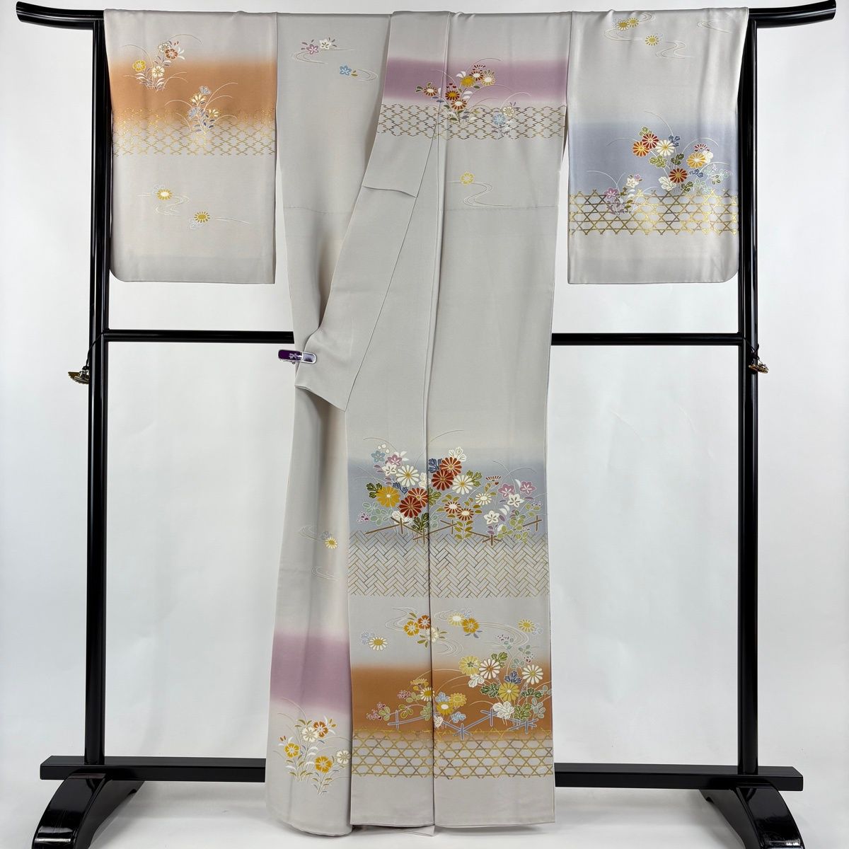  訪問着 身丈163 cm 裄丈68.5 L 袷 千總 落款 菊 籠目 金糸 金彩 灰色 正絹 訪問着 付け下げ 着物