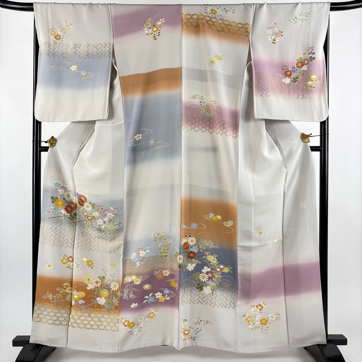 訪問着 身丈163 cm 裄丈68.5 L 袷 千總 落款 菊 籠目 金糸 金彩 灰色 正絹