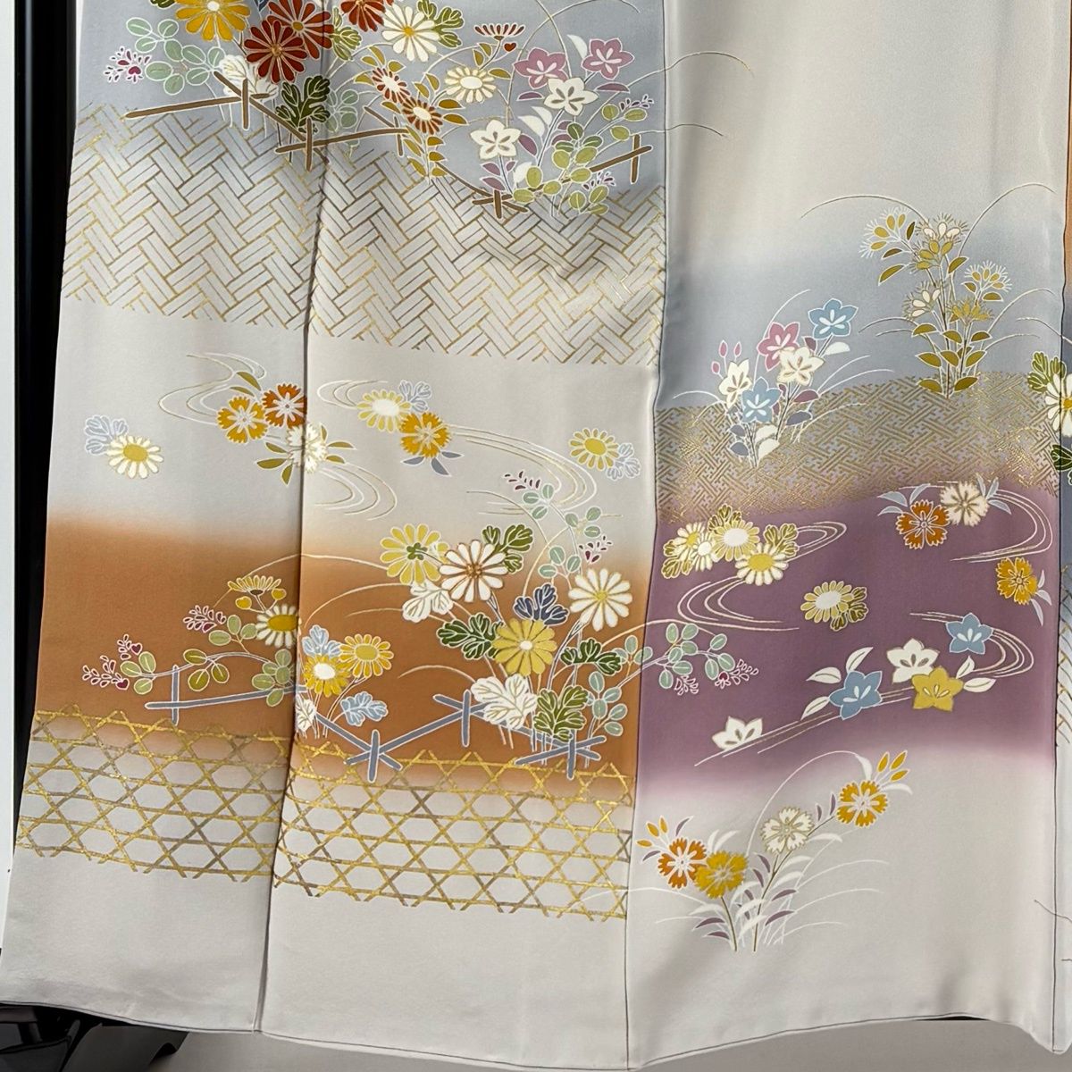 訪問着 身丈163 cm 裄丈68.5 L 袷 千總 落款 菊 籠目 金糸 金彩 灰色 正絹