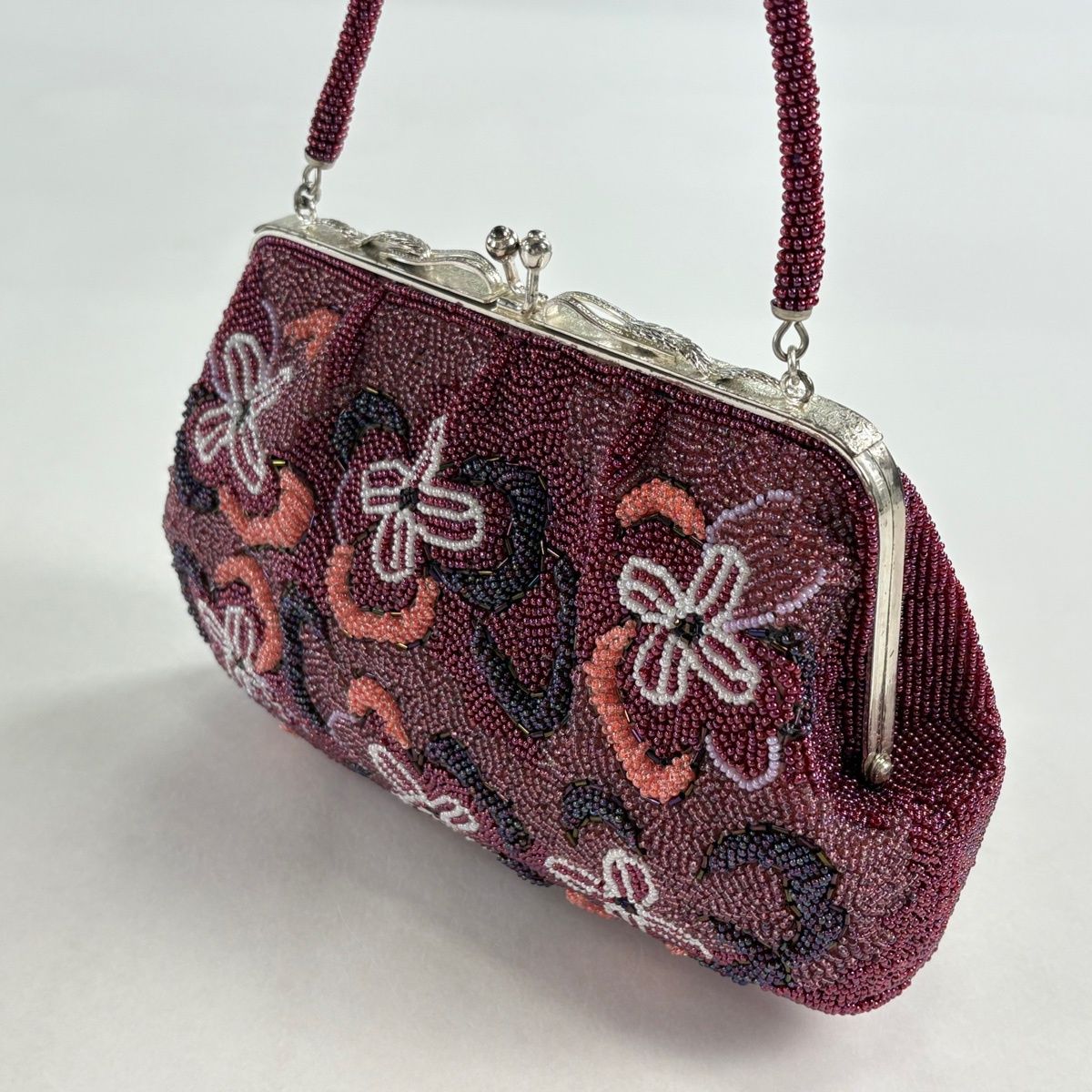 和装バッグ 優品 ビーズバッグ フォーマル 花 赤紫 ビーズ 和装小物