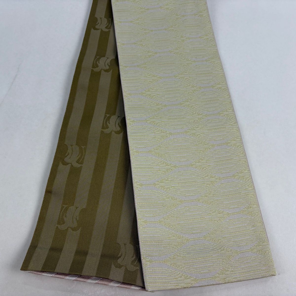 半幅帯 優品 ペンギン 斜縞 ピンクベージュ 化繊