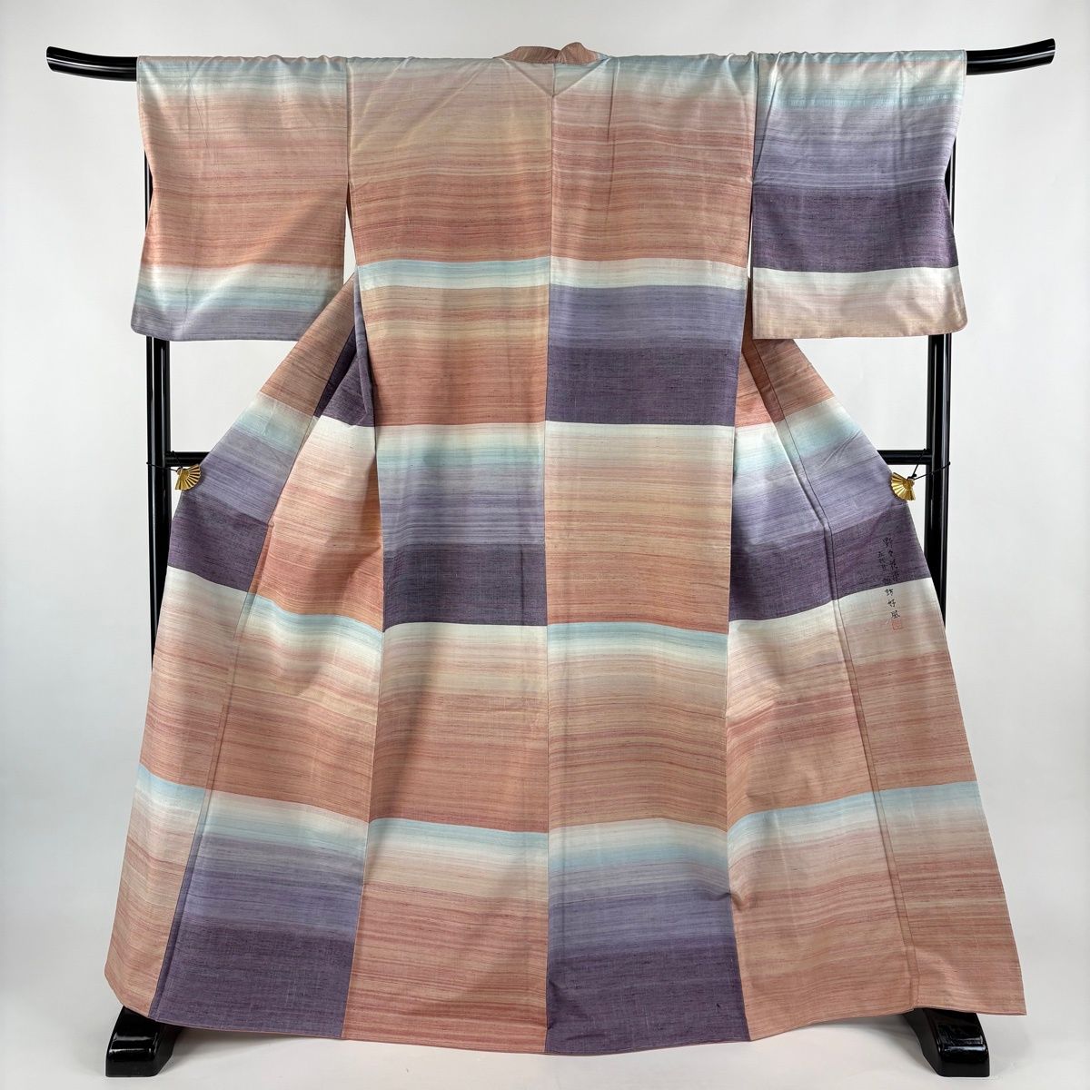 紬 身丈167.5 cm 裄丈69 L 袷 諏訪好風 落款 段縞 野々花染 茜色 正絹