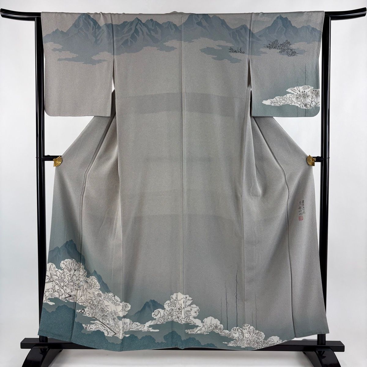 訪問着 身丈156 cm 裄丈64 M 袷 大脇一心 落款 山並み 草花 ぼかし 灰色 正絹