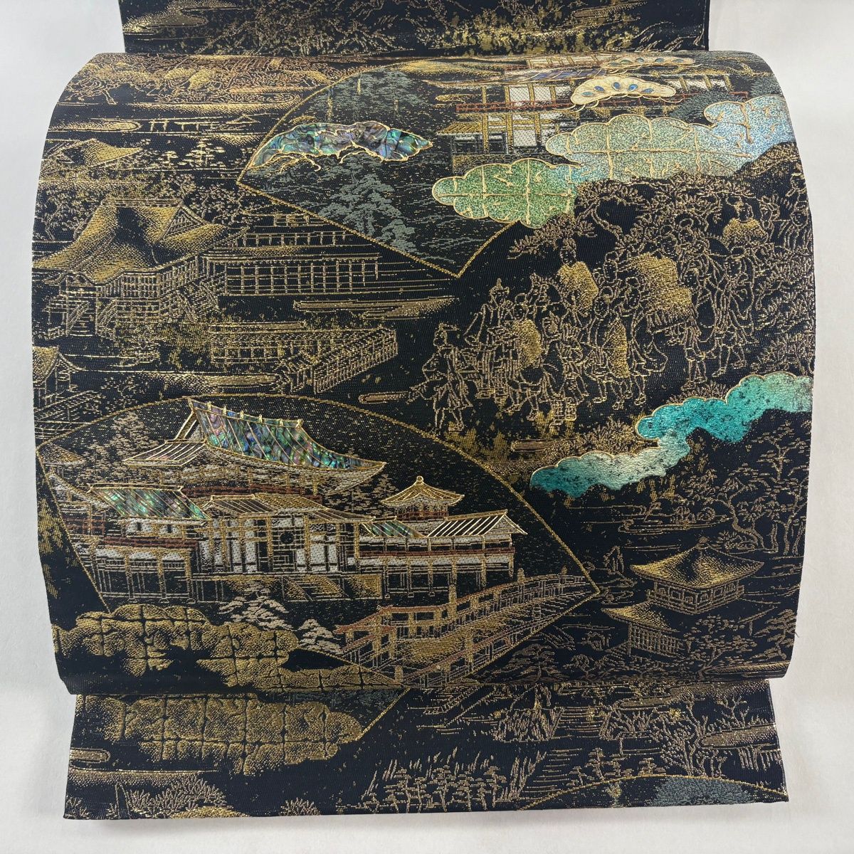 袋帯 名品 京の稚 建物 扇面 螺鈿 金彩 黒 お太鼓柄 正絹