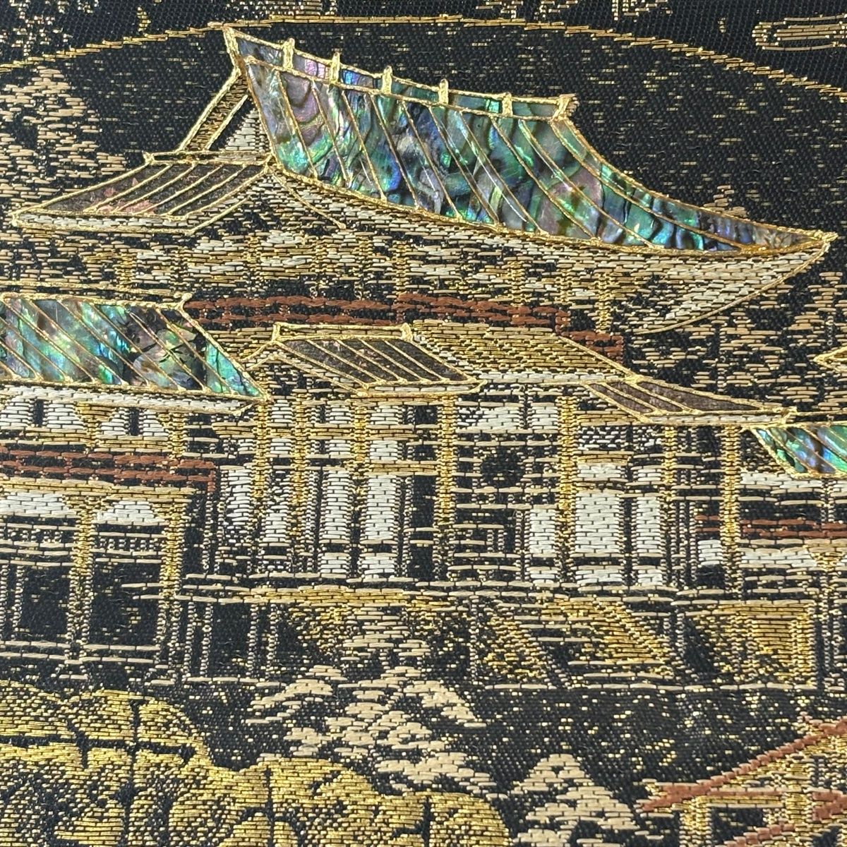 袋帯 名品 京の稚 建物 扇面 螺鈿 金彩 黒 お太鼓柄 正絹