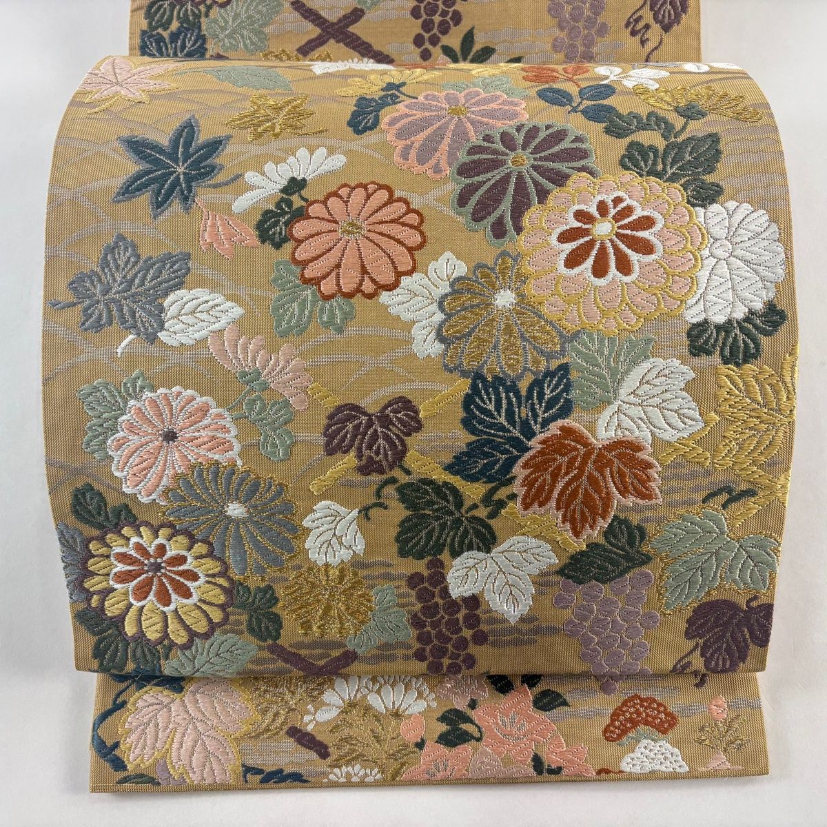 袋帯 名品 秋草 葡萄 金糸 箔 黄土色 六通 正絹
