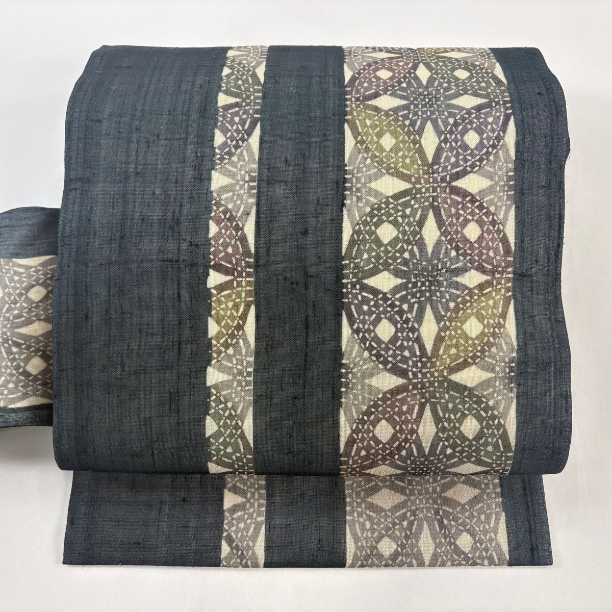 名古屋帯 名品 夏帯 紬地 幾何学模様 青黒 正絹