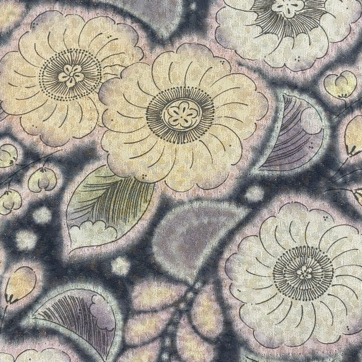 袋帯 名品 落款 桜 藤 金糸 絞り 灰色 お太鼓柄 正絹