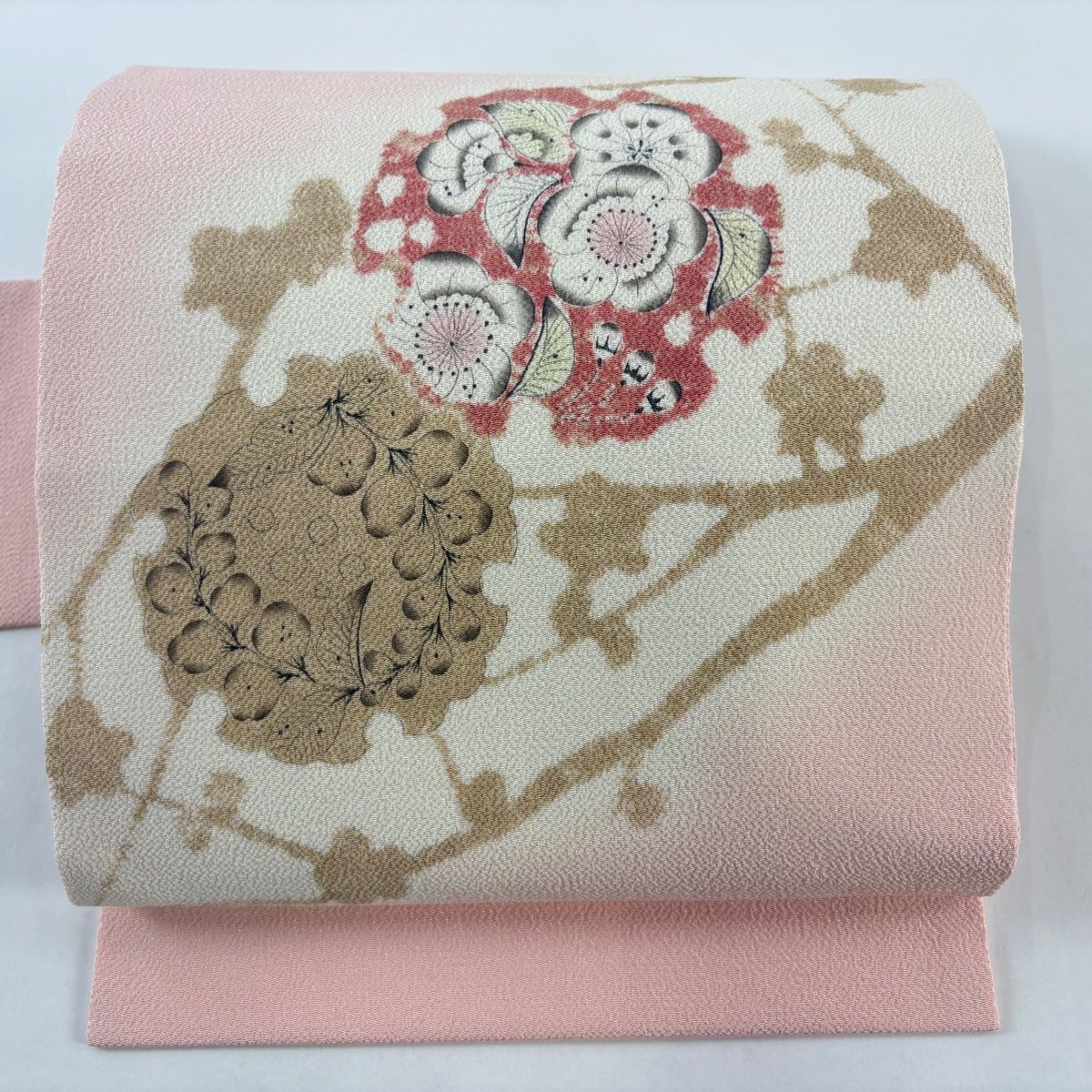 名古屋帯 名品 落款 雪輪 梅 縮緬 ピンク 正絹