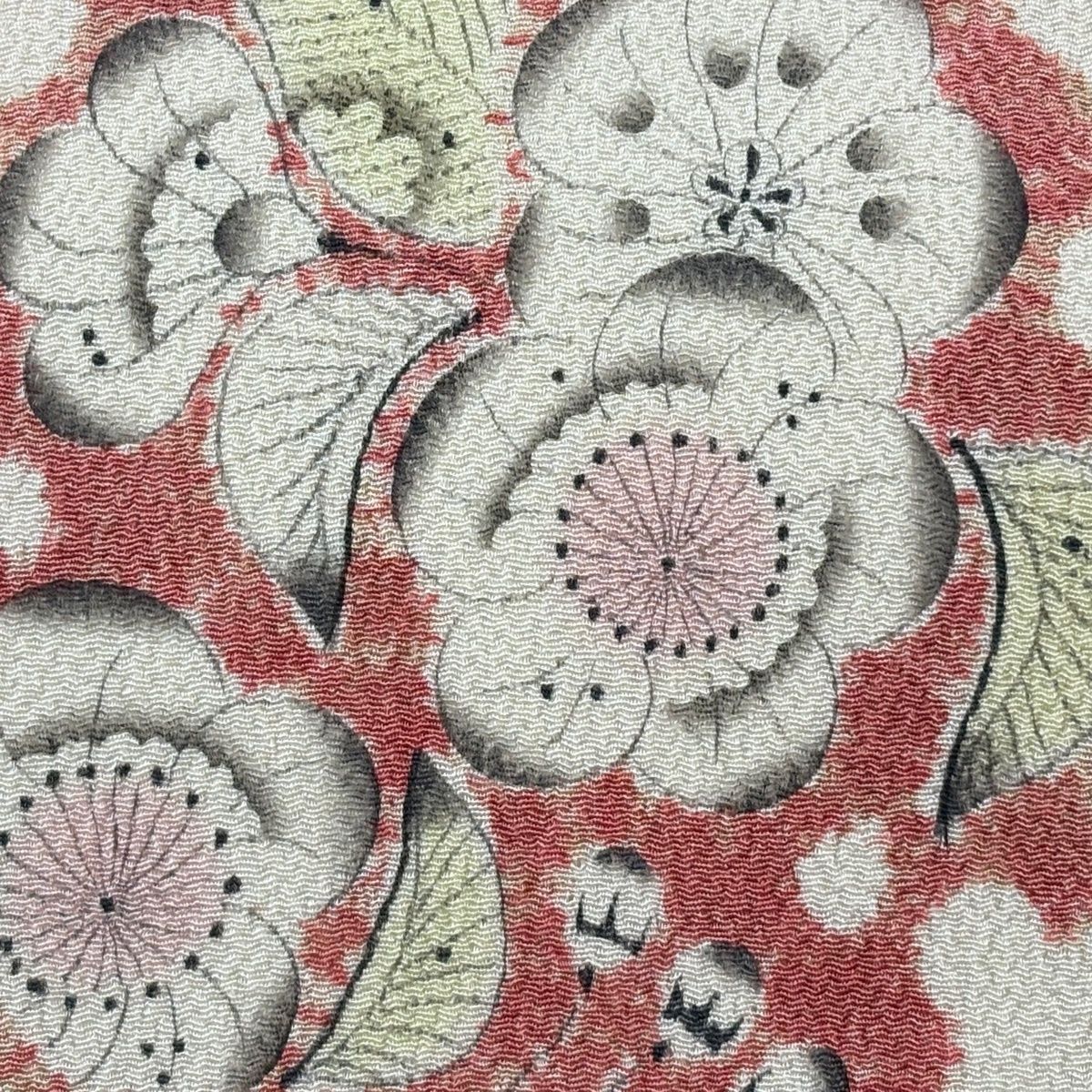 名古屋帯 名品 落款 雪輪 梅 縮緬 ピンク 正絹