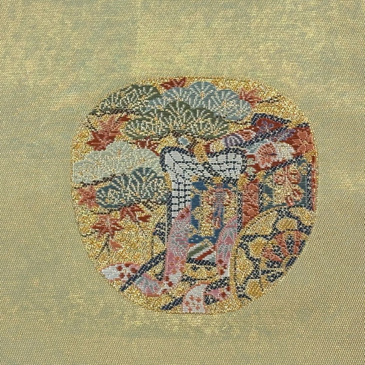 袋帯 名品 長嶋成織物 落款 桃山丸紋 瀞金錦 関西仕立て 御所車 金糸 箔 金色 お太鼓柄 正絹
