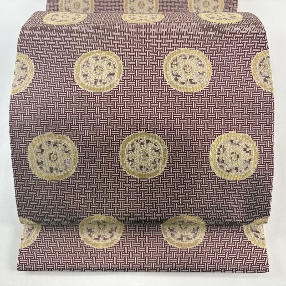 開き名古屋帯 名品 龍村美術織物 証紙 比翼仕立て 糸屋輪宝 網代 金糸 えんじ色 正絹