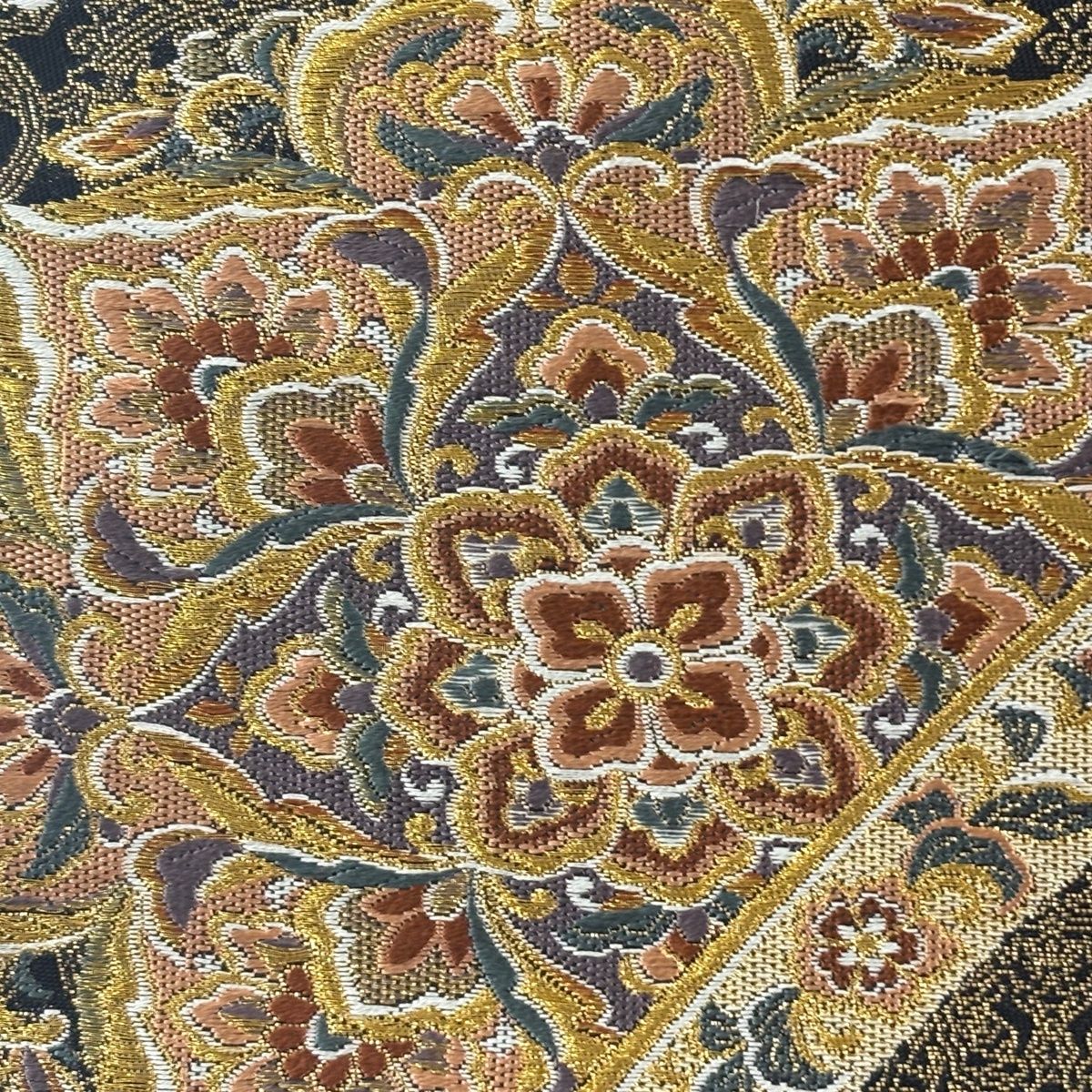 袋帯 名品 壱阡弍百皇織 華文 草花 金糸 箔 黒 六通 正絹