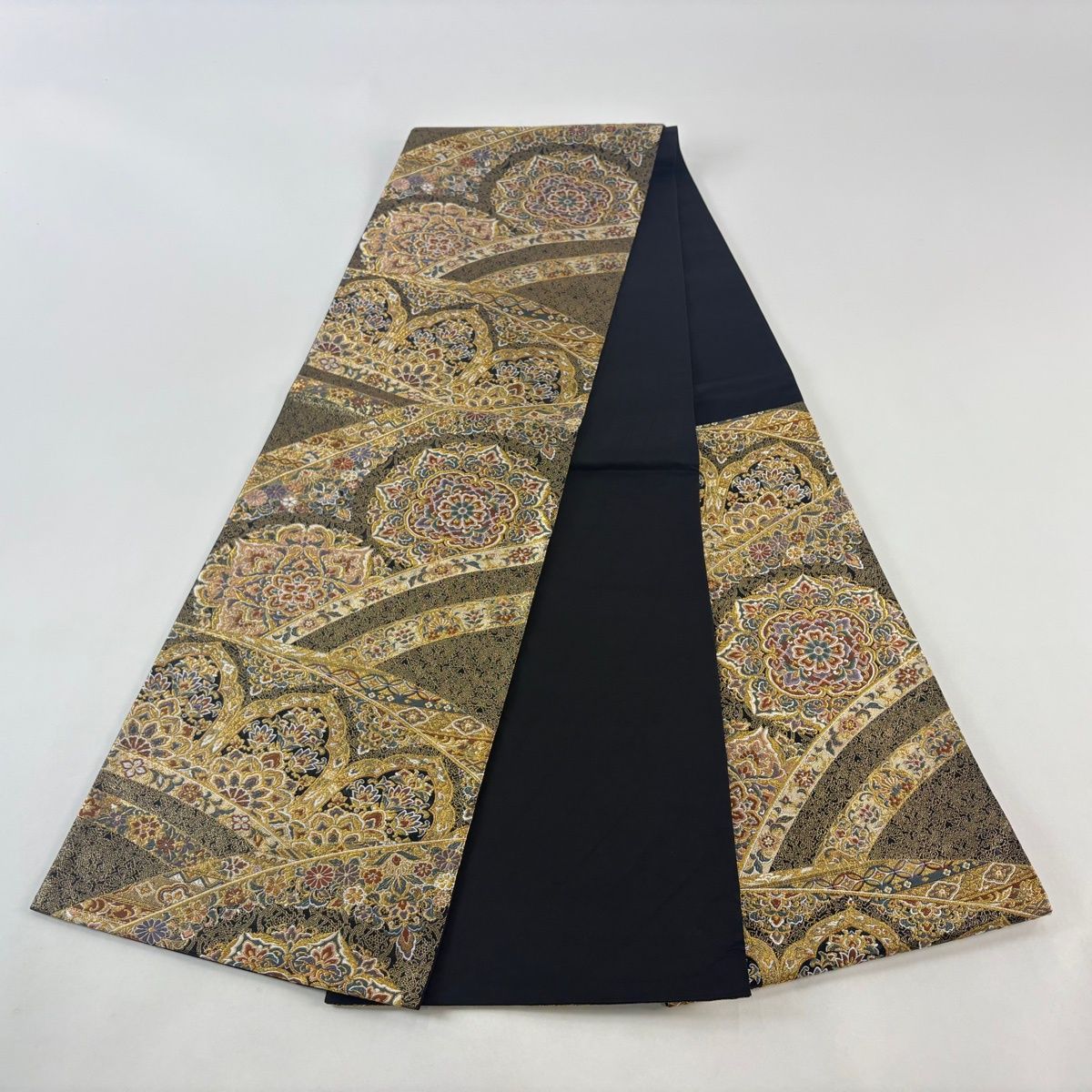  袋帯 名品 壱阡弍百皇織 華文 草花 金糸 箔 黒 六通 正絹 袋帯 帯