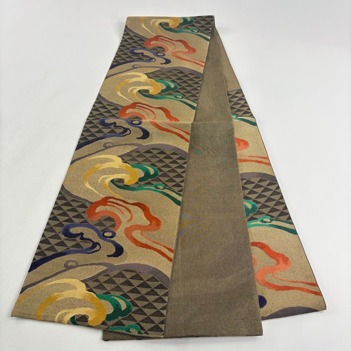  袋帯 名品 本袋 波頭 鱗柄 金糸 刺繍 金茶 六通 正絹 袋帯 帯