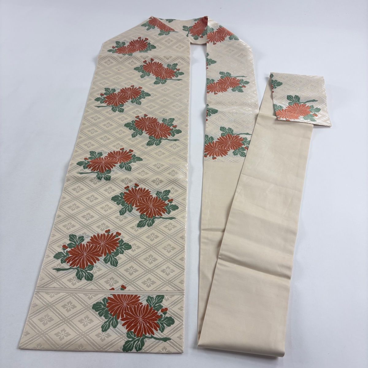  名古屋帯 名品 菊 菱 刺繍 クリーム 正絹 名古屋帯 帯