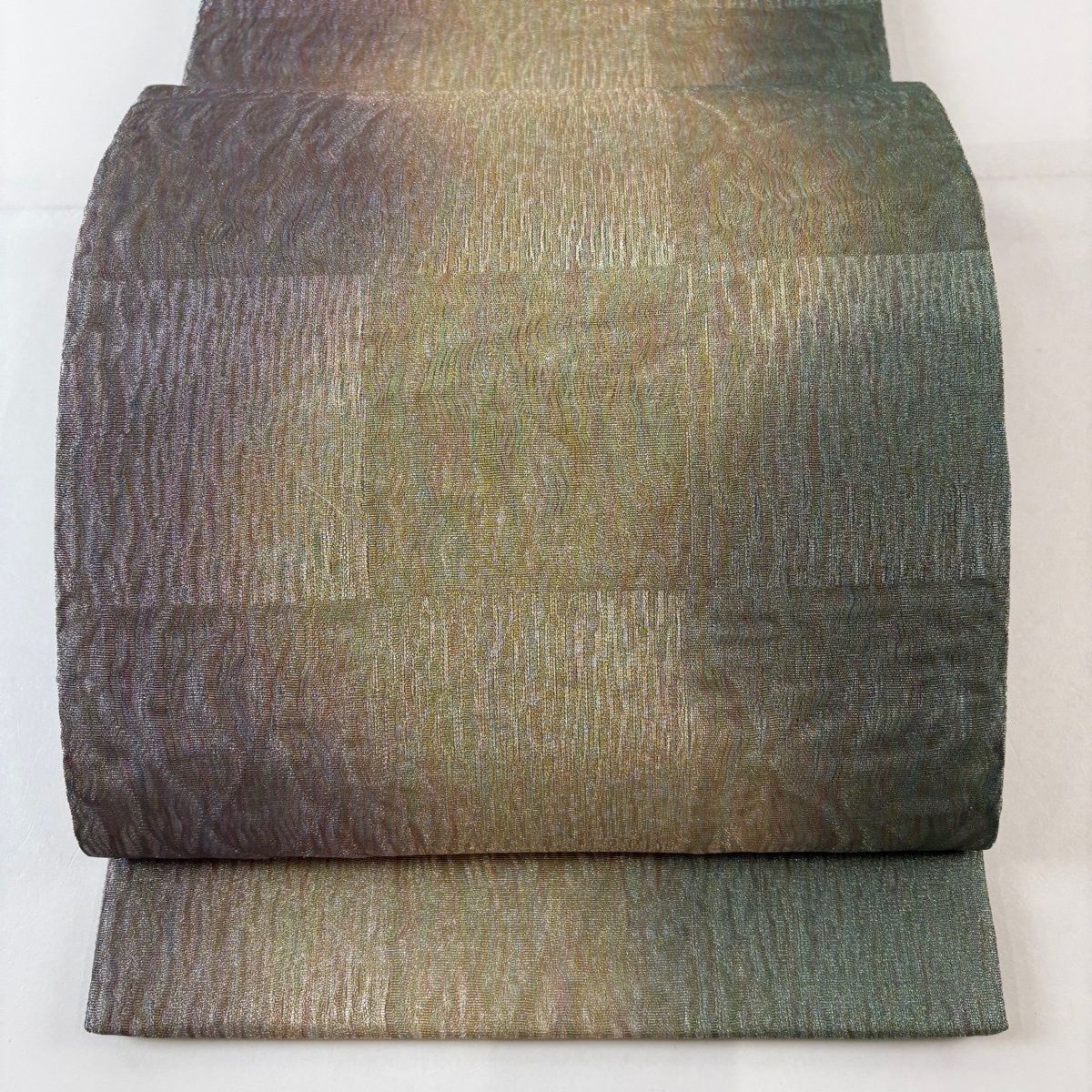 袋帯 名品 市松 よろけ縞 金銀糸 薄緑 全通 正絹