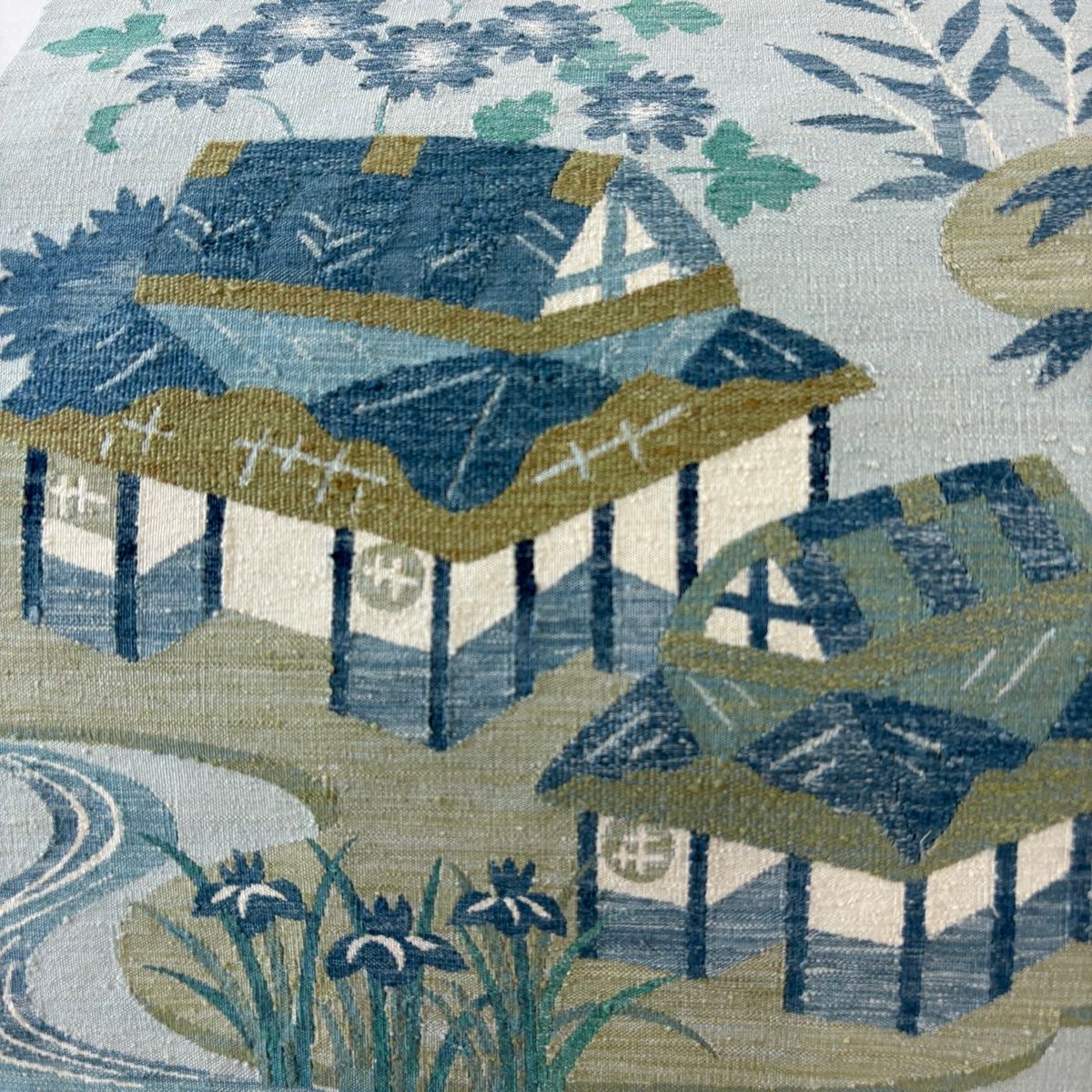 袋帯 名品 川島織物 落款 紬地 家屋 流水 水色 お太鼓柄 正絹