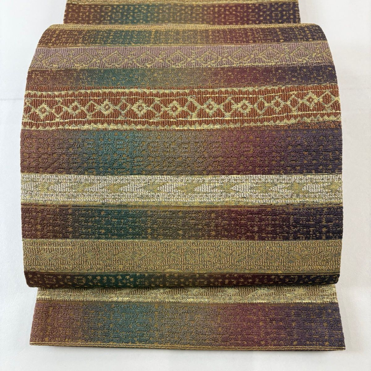 袋帯 名品 本泥染袋帯 段縞 幾何学 金通し 箔 赤茶 六通 正絹