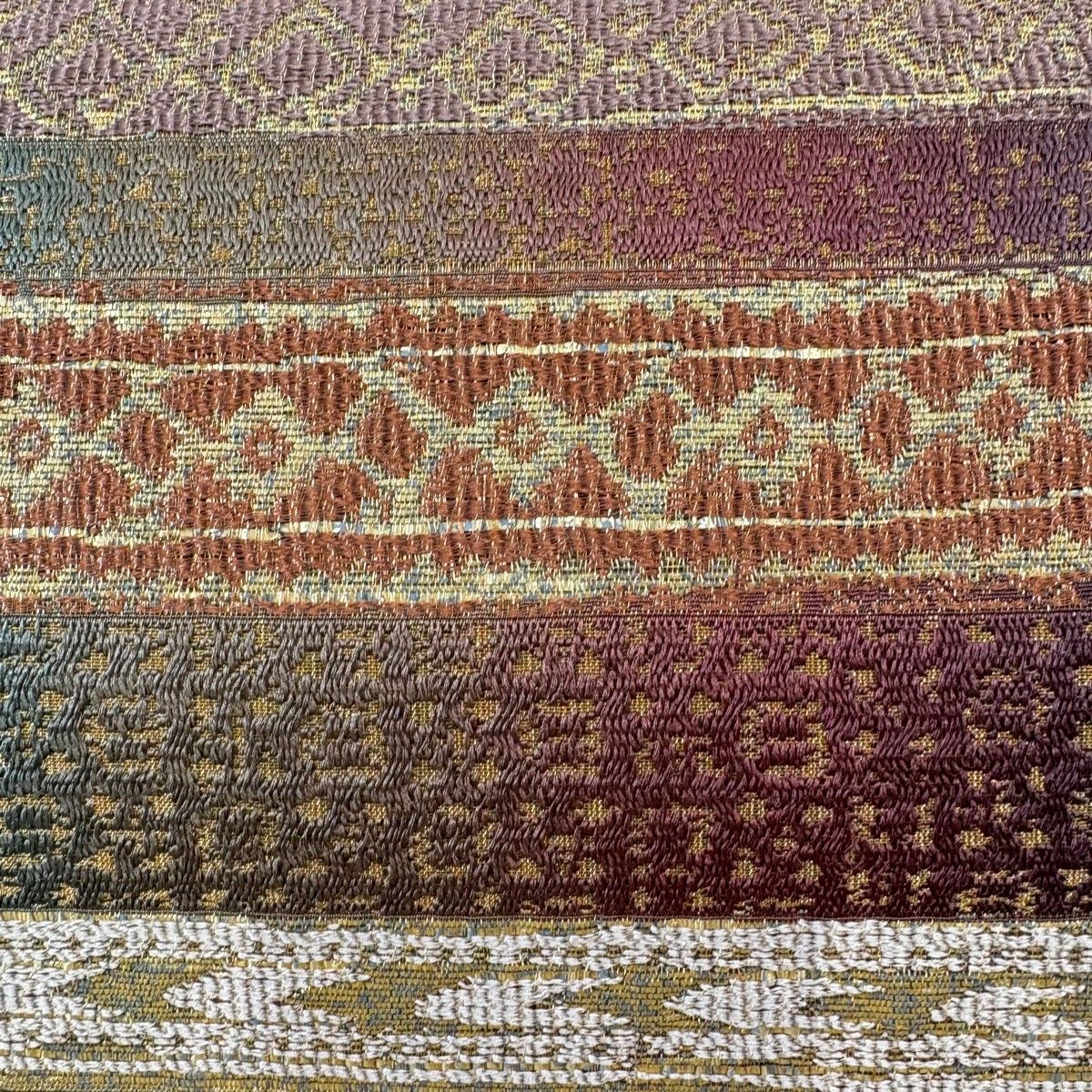 袋帯 名品 本泥染袋帯 段縞 幾何学 金通し 箔 赤茶 六通 正絹