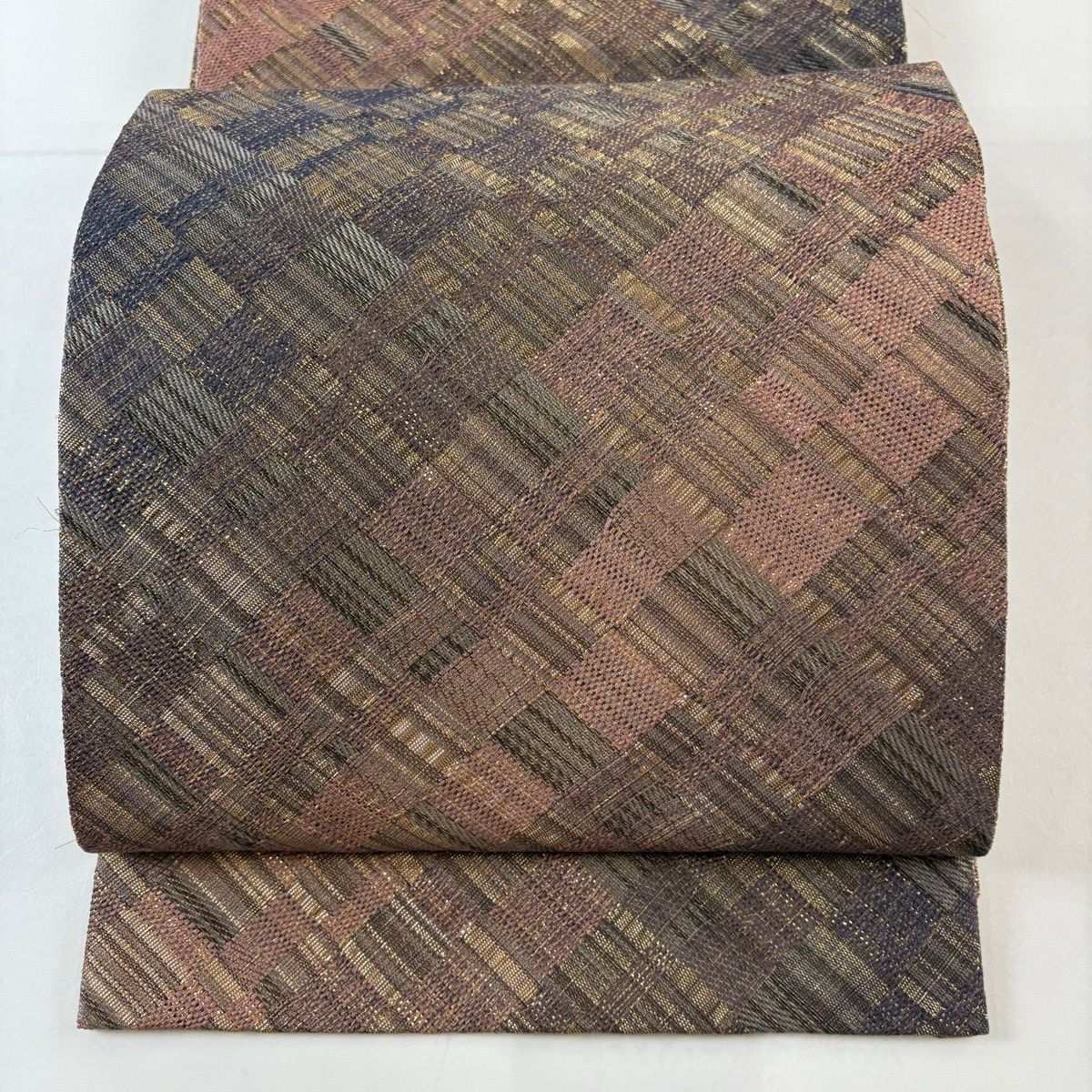 袋帯 名品 斜め格子 金糸 箔 薄小豆 全通 正絹