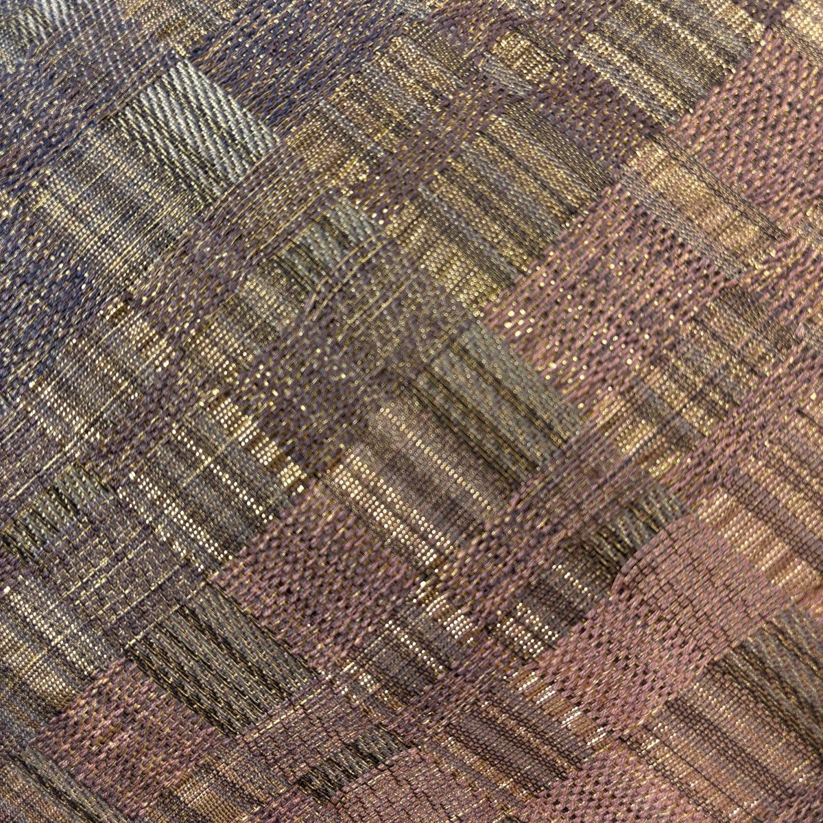 袋帯 名品 斜め格子 金糸 箔 薄小豆 全通 正絹