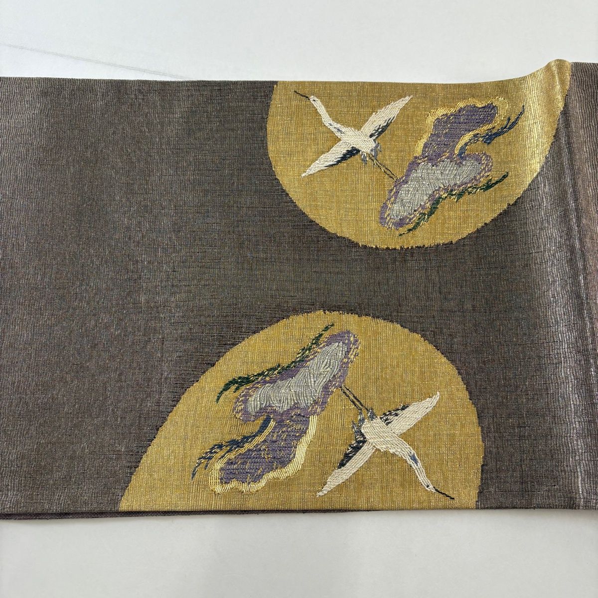  袋帯 名品 証紙 鶴 笠松 金糸 箔 灰茶 お太鼓柄 正絹 袋帯 帯