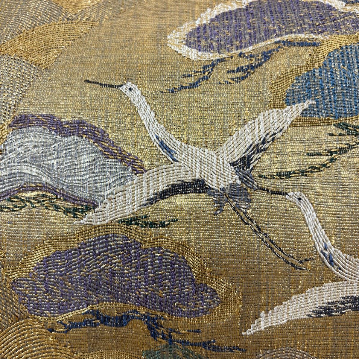 袋帯 名品 証紙 鶴 笠松 金糸 箔 灰茶 お太鼓柄 正絹