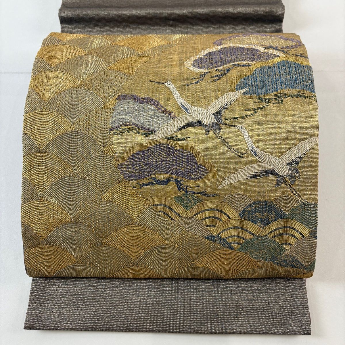 袋帯 名品 証紙 鶴 笠松 金糸 箔 灰茶 お太鼓柄 正絹
