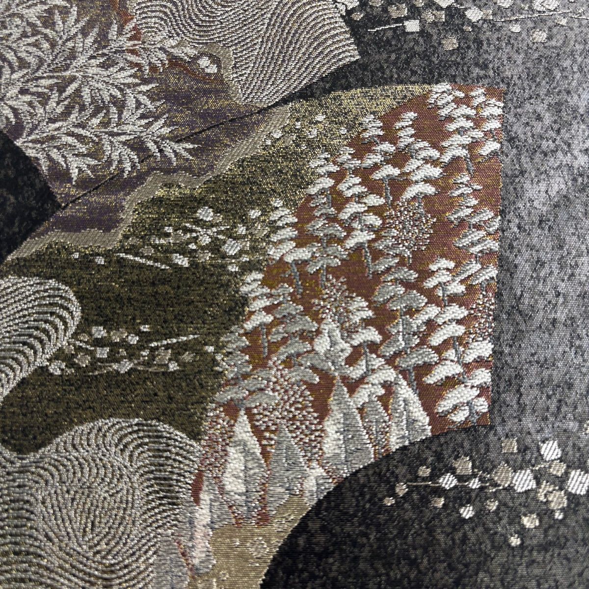 袋帯 名品 じゅらく 落款 扇面 流水 箔 銀糸 黒灰 六通 正絹