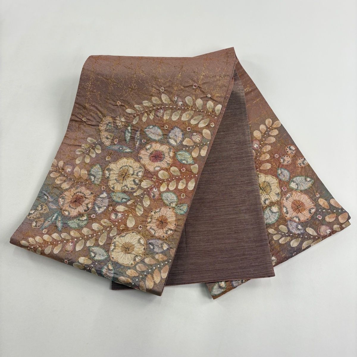  袋帯 名品 落款 辻が花 箔 薄小豆 お太鼓柄 正絹 袋帯 帯