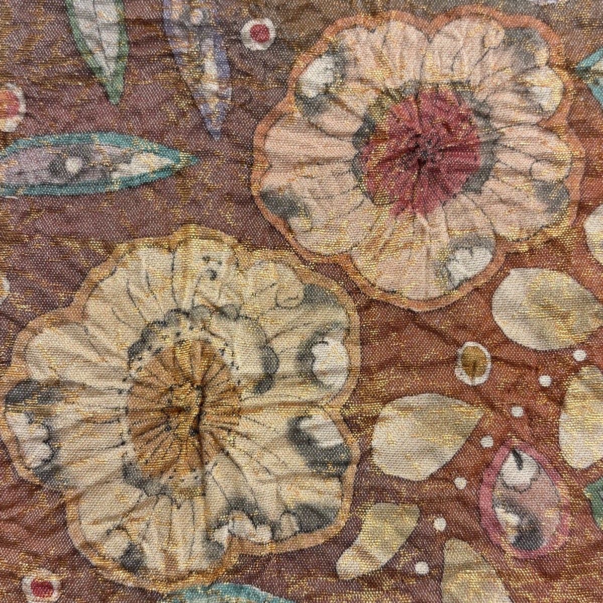 袋帯 名品 落款 辻が花 箔 薄小豆 お太鼓柄 正絹