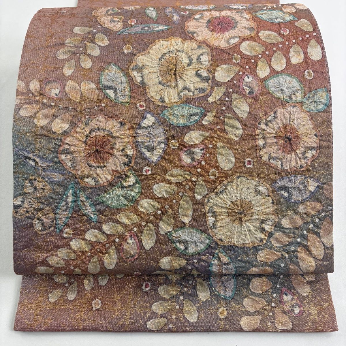 袋帯 名品 落款 辻が花 箔 薄小豆 お太鼓柄 正絹