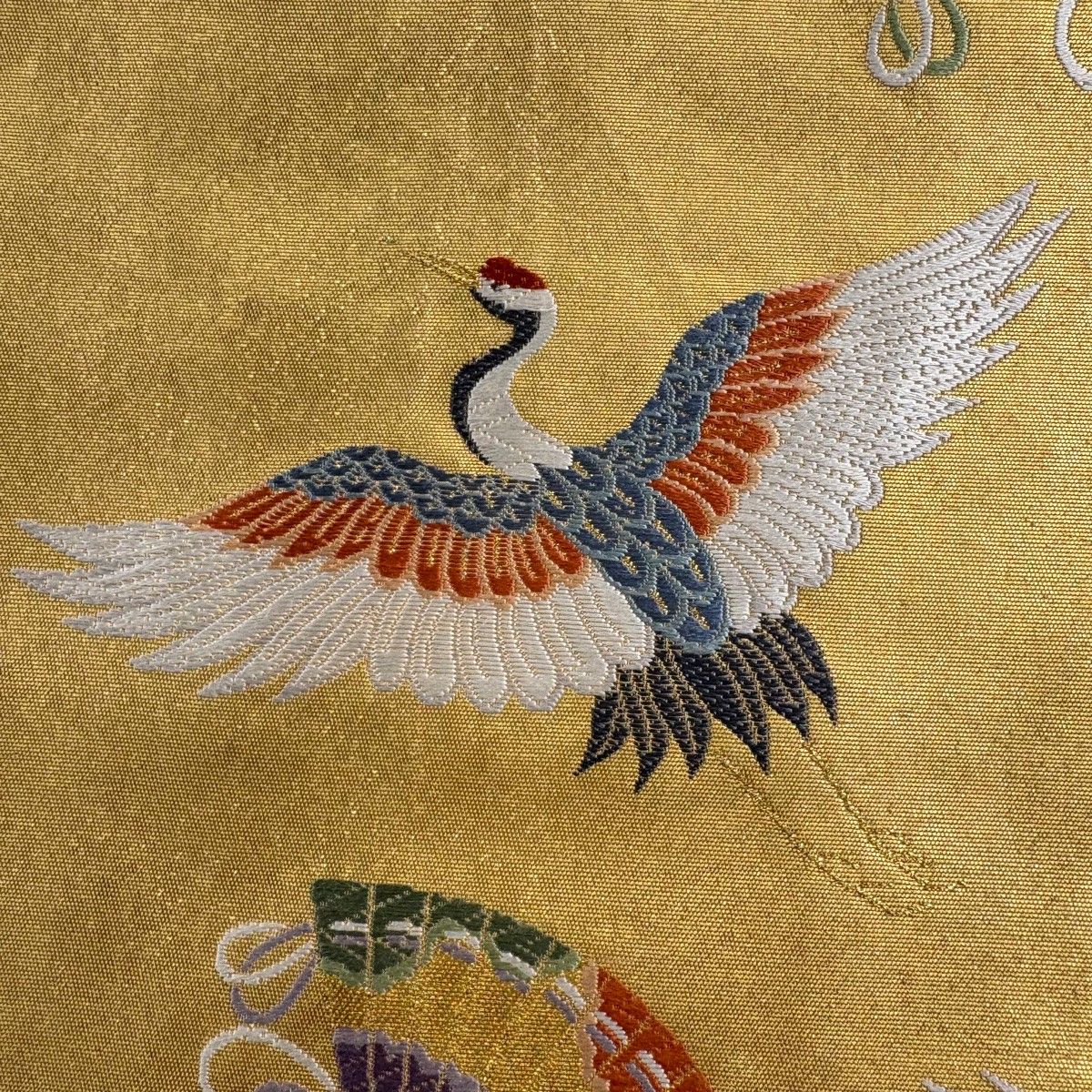 袋帯 名品 落款 瀞金錦 長嶋成織物 関西仕立て 鶴 松竹梅 金糸 箔 金色 六通 正絹