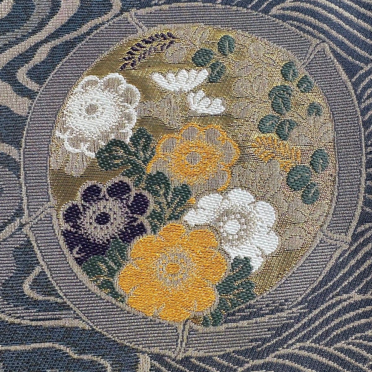 袋帯 名品 竹 草花 金通し 箔 青灰色 六通 正絹