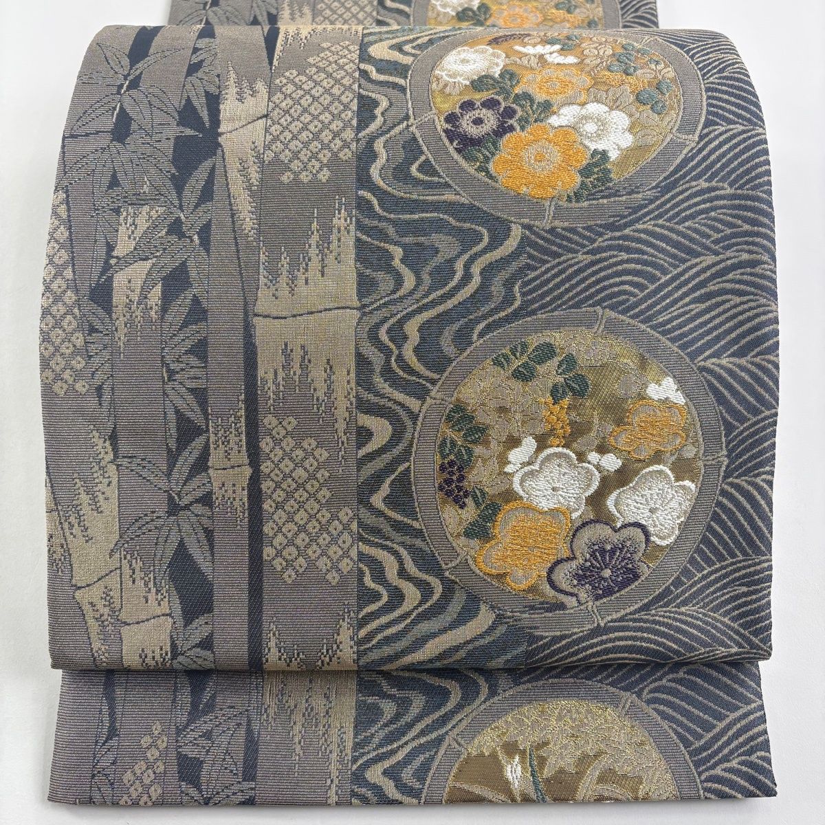 袋帯 名品 竹 草花 金通し 箔 青灰色 六通 正絹