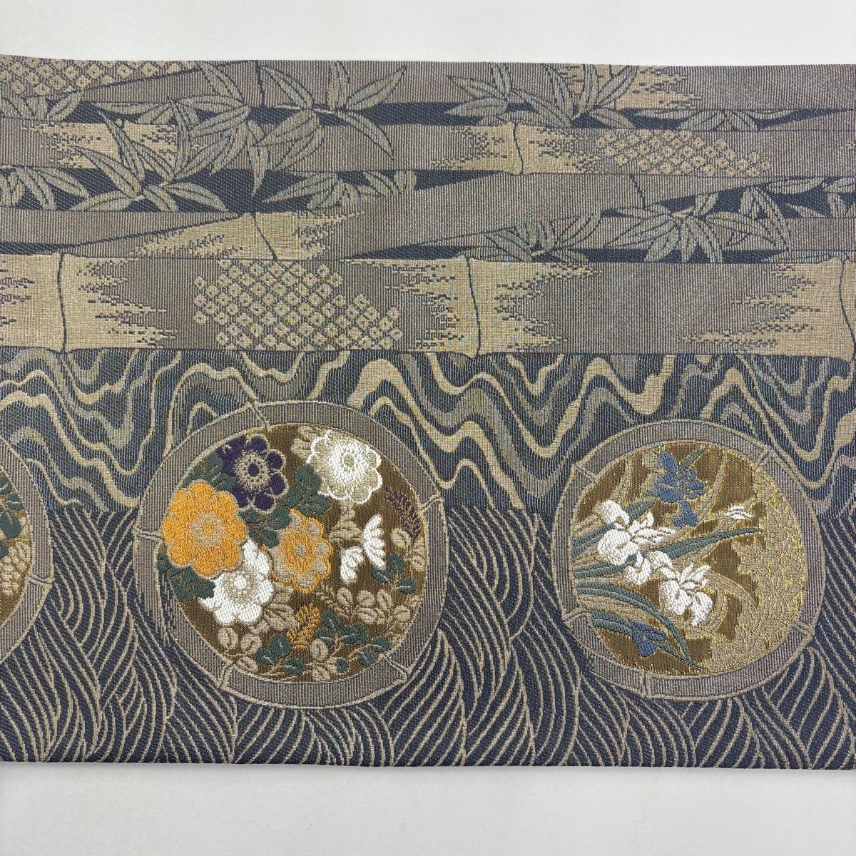  袋帯 名品 竹 草花 金通し 箔 青灰色 六通 正絹 袋帯 帯