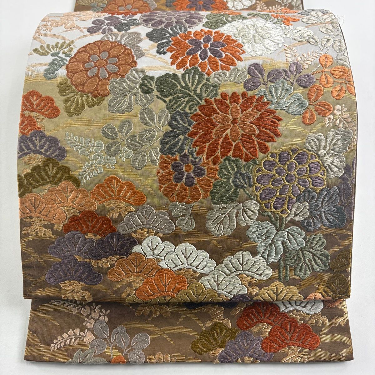 袋帯 名品 菊 笠松 金糸 唐織 灰茶 六通 正絹