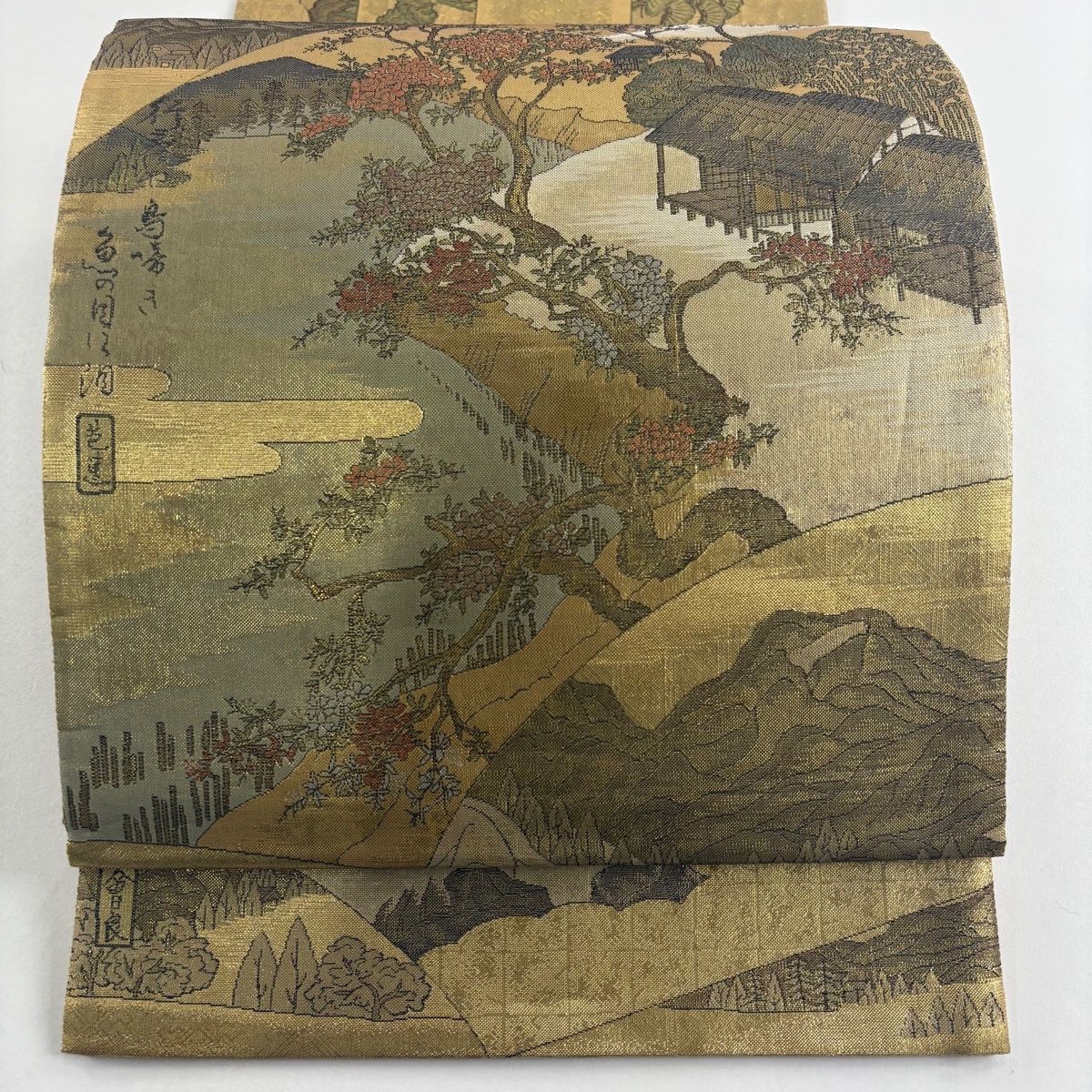 袋帯 名品 証紙 風景 奥の細道 箔 金色 お太鼓柄 正絹